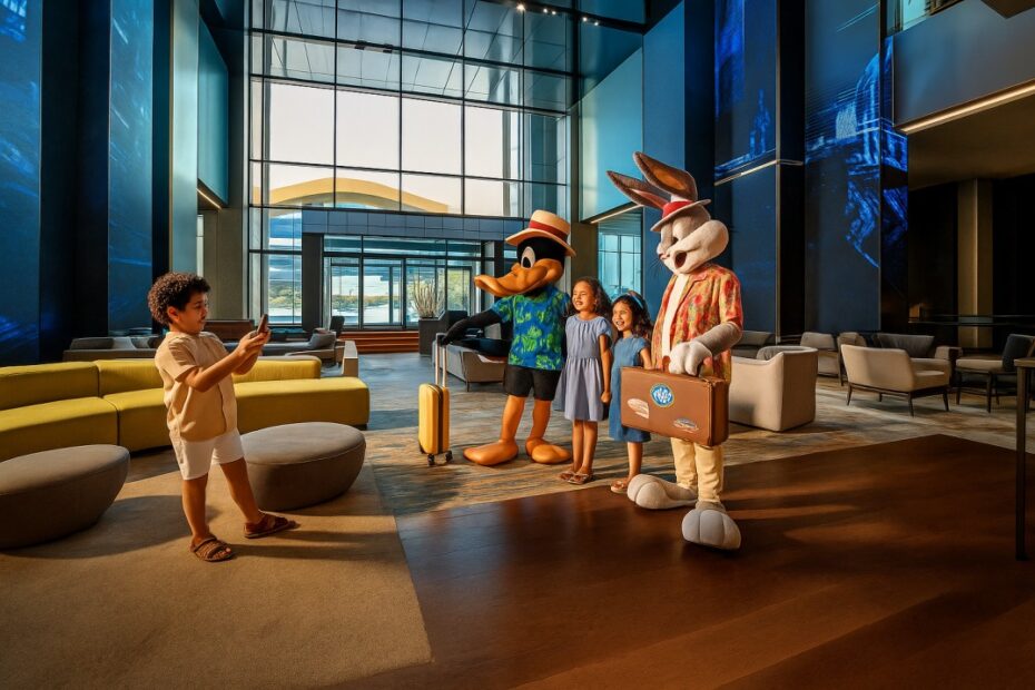 a group of people at WB hotel Abu Dhabi with mascots at